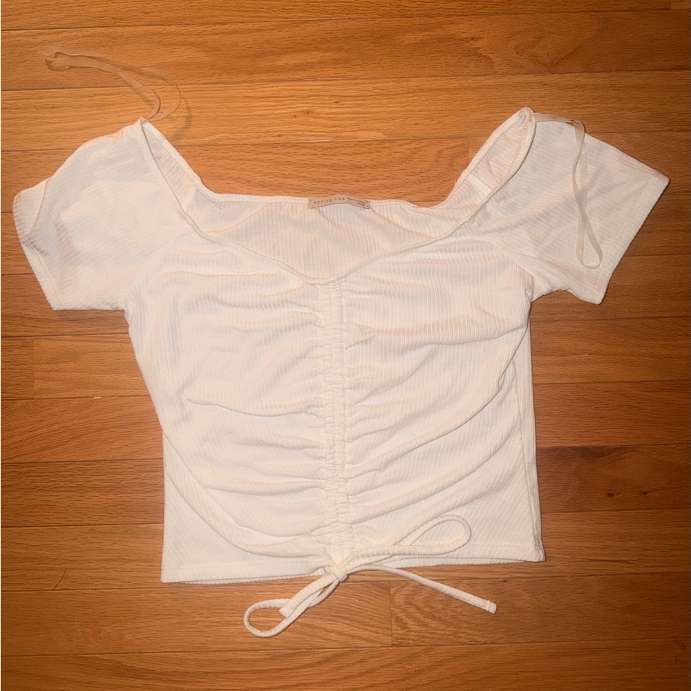 Active USA White Cropped Ribbed Adjustable Tie Shirt Size L #summer #beachy